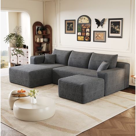 Divano angolare 241 cm in grigio scuro, in corduroy a righe, comodo e facile da montare (1/5)