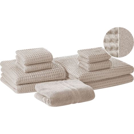 Beliani – Ensemble de 9 serviettes de bain en coton beige ultra absorbantes – 100% coton – Grammage 345 g/m² – Lavables en machine à 50°C