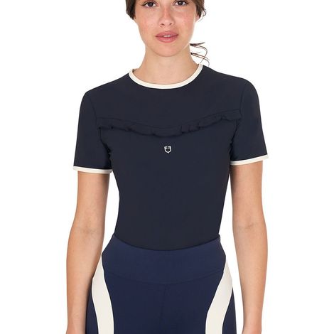 T-shirt training da donna slim fit in tessuto tecnico con ruches sul petto e dettagli a contrasto: S, Blu e Bianco
