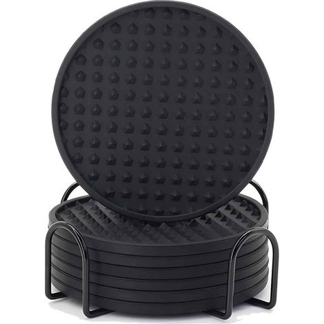 Sous-verres de Verres en Siliconen - Sous-verres de Sous-verres avec support - Set de 6 dessous de verre - Antidérapants - Ronds - Sous-verres à la chaleur - Zwart (1/5)