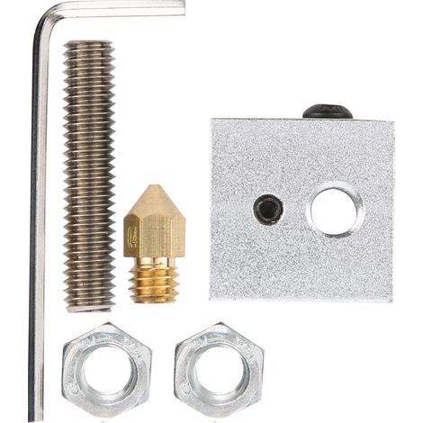 Kit de 4 accessoires pour imprimante 3D : bloc chauffant, tube fileté 1,75 mm, buse 0,4 mm et clé. (1/5)