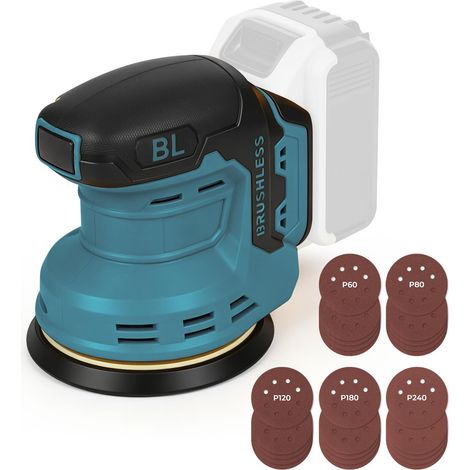 Ponceuse Orbitale Aléatoire Sans fil Compatible avec les Batteries, 3 Vitesses 9700-12000rpm, Ponceuse Électrique Sans Balais avec 25 Papier de Verre (Bleu) (1/5)