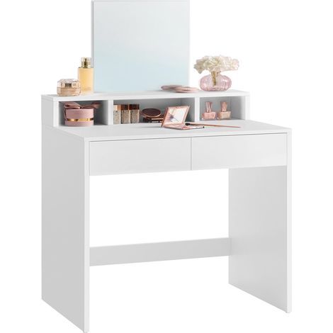 Coiffeuse avec Grand Miroir, Table de Maquillage, avec 2 Tiroirs et 3 Compartiments, Coin Beauté, Style Moderne, Blanc RDT103W01 (1/5)