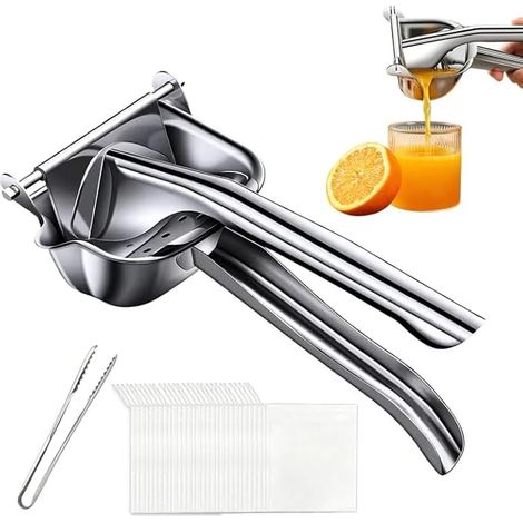 Presse-citron manuel en acier inoxydable avec clips alimentaires et 30 sacs de centrifugeuse, presse-agrumes manuel pour citrons et citrons verts pour bars (1/5)