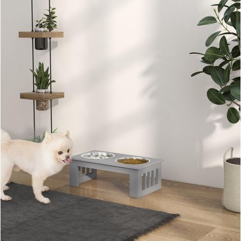 Estación de comida elevada para perros con 2 cuencos de acero inoxidable, MDF, gris, 44 x 24 x 15 cm (1/5)