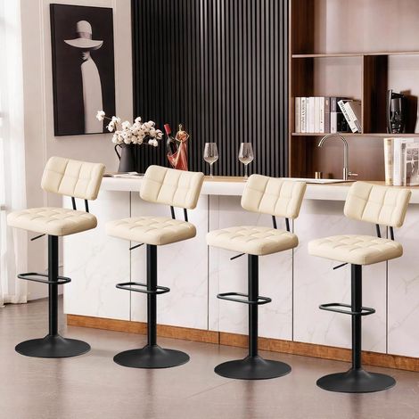 Barhocker 4er Set, höhenverstellbar, drehbar, mit Rückenlehne, PU-Leder, Beige (1/5)