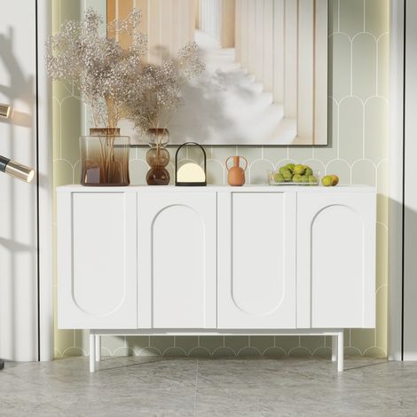Aparador de salón moderno - 140 x 42 x 80 cm - 4 puertas con motivo en forma de arco - Minimalista y elegante - Elegantes patas de metal - Madera blanca (1/5)