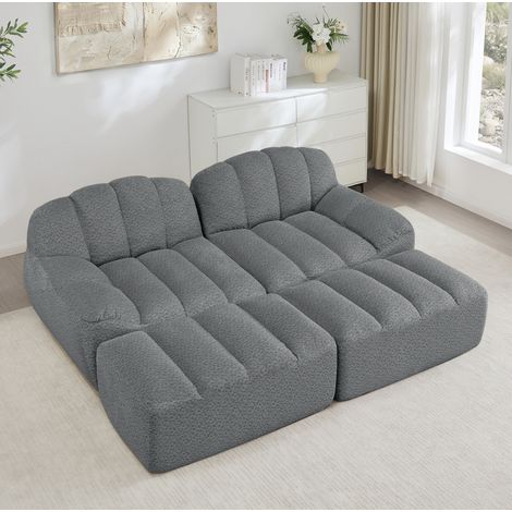 Divano modulare 2 posti in tessuto fleece granulare grigio con 2 pouf, senza struttura, configurazione flessibile (1/5)