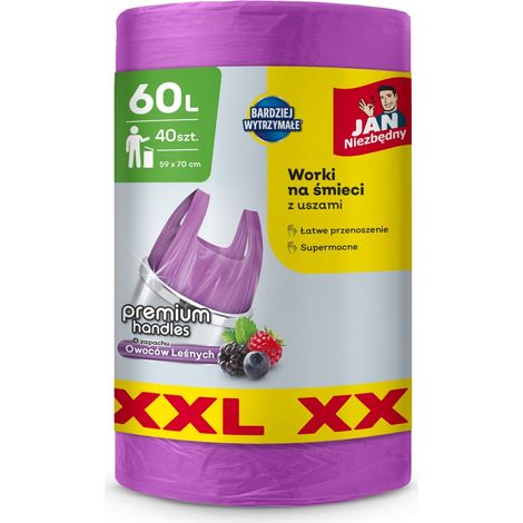 Sacs poubelle JAN NIEZBĘDNY HD avec poignées 60L - parfum fruits des bois 40 pièces (XXL) (1/2)