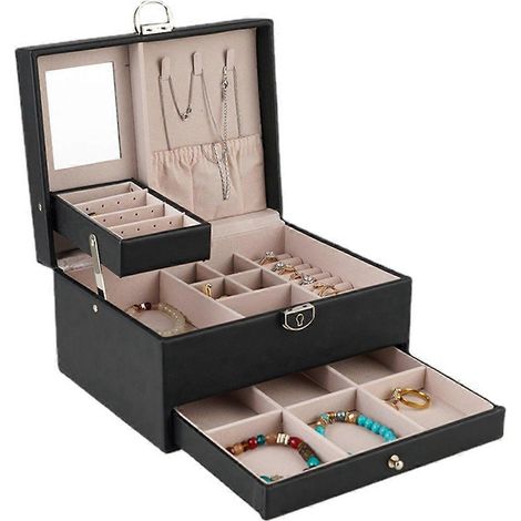 Boîte à bijoux double tiroir en PU, grande capacité, pour ranger bagues et boucles d'oreilles. (1/5)