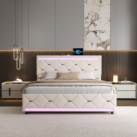 Letto matrimoniale 160x200 cm con cassetti, LED e porte USB, rete a doghe inclusa, design esagonale moderno, velluto, beige