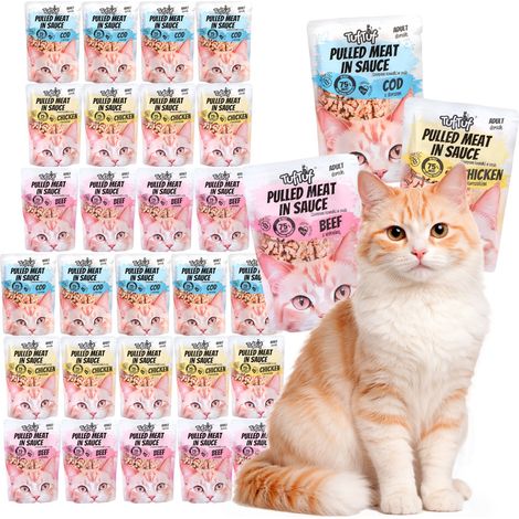 Aliment humide pour chat TufTuf, mélange de saveurs, sachets de 30 x 100 g, morceaux effilochés (1/4)