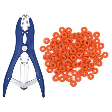 Pince à castration élastique en acier inoxydable pour bétail, porc, mouton, ceinture 100 anneaux en caoutchouc 21,5 cm bleu