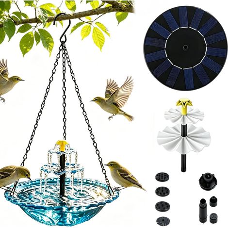 Baño solar para pájaros con fuente colgante, baño para pájaros colgante al aire libre, baño para pájaros con fuente de colibrí grande, con bomba solar y recipiente de vidrio, para exteriores (1/5)