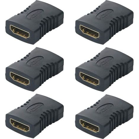 Lot de 6 coupleurs HDMI, adaptateurs HDMI femelle-femelle, connecteurs HDMI plaqués or, convertisseurs de connecteurs pour câbles d'extension HDMI, noir. (1/4)