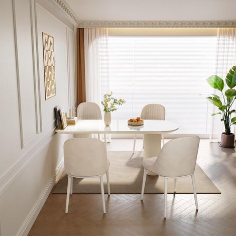 Guyii Lot de 5 tables à manger ovales modernes de 138 cm avec 4 chaises rembourrées, plateau de table résistant aux rayures et pieds ondulés élégants, idéal pour la cuisine, la salle à manger ou le