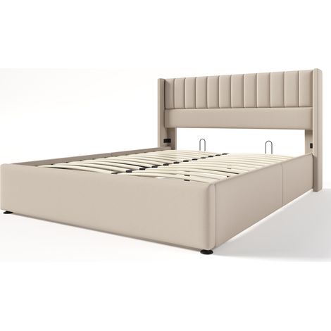 Cama con canapé abatible hidráulico tapizada 160 x 200 cm beige HOMVRA (1/5)