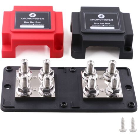 Bornier 12V - 48V cc Bus Bar 400A barre de bus en cuivre Heavy Duty, 8X M10 double tête boulon terminal panneau de distribution 400 Amp batterie boîte de bus avec couvercle noir et rouge (1/5)
