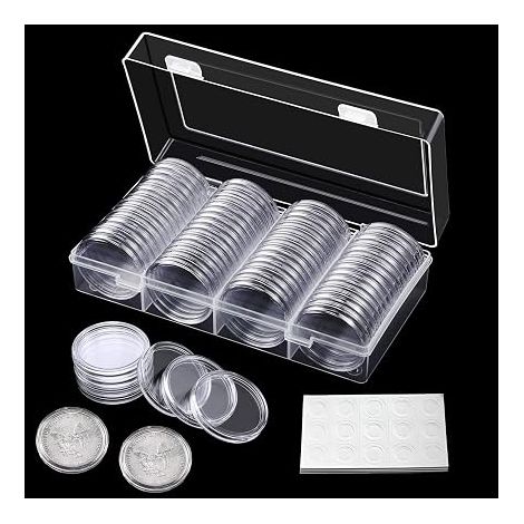 60 Pcs 41mm Clear Coin Storage Boxes with Storage Box, Coin Purse, Gasket, 5 Sizes, Soft Foam Rings (1/5)
