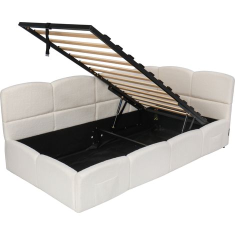 Letto contenitore 90x200 cm in bouclé beige con rete a doghe, divano letto, porte USB e tasca (1/5)