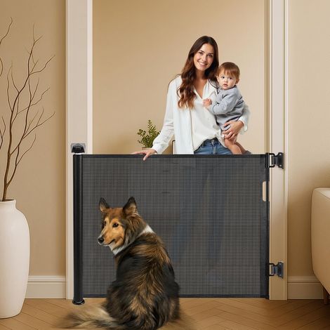 Barrière de Sécurité Rétractable, 150 cm de Large x 86 cm de Haut, pour Escaliers et Chiens, Blanc (Noir, 150CM) (1/5)