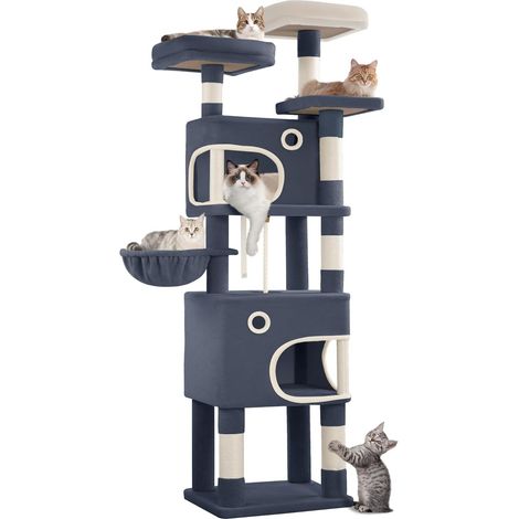 Tiragraffi, Albero per Gatti da 180 cm con 8 Tiragraffi, 3 Piattaforme, 2 Grotte, Cestino, Palline di Peluche, Corda di Sisal, Grigio Scuro (1/5)