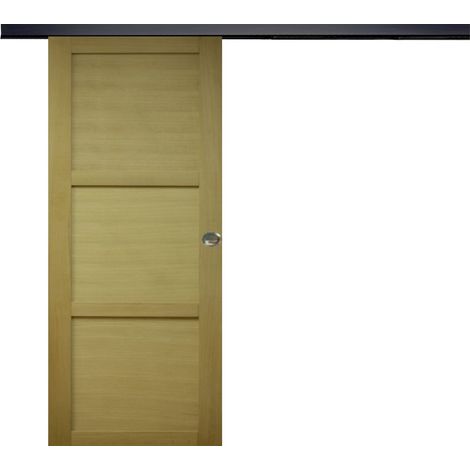 Puerta corredera de madera Ayous de 3 paneles H204 x L73 cm, riel de aluminio con banda negra, conchas de GD MENUISERIES