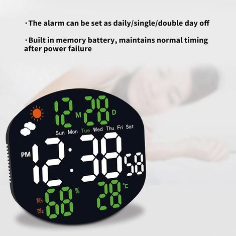 Digitale Wanduhr, großes LED Display, Fernbedienung, Wetterstation, Doppelalarm, Temperatur und Feuchtigkeitsanzeige (1/5)