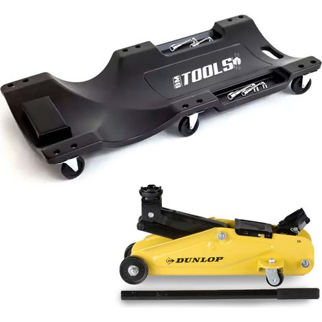 Chariot de visite BM TOOLS Mécanicien Garagiste & Cric Rouleur Hydraulique Compact DUNLOP 2T - Planche de travail, 6 roulettes (1/5)