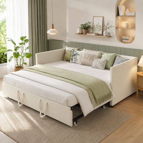 Lit capitonné extensible 90/180×200 cm, canapé-lit convertible 2 places, lit capitonné, cadre de lit 90/180×200, lit gigogne, style moderne, sommier à lattes, lit adulte, lit ados, Velours, Beige (1/5)