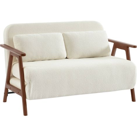 sweeek - 2-Sitzer Schlafsofa aus nussbaumfarbenem Heveaholz mit strukturiertem Bouclé-Bezug, Strukturiertes  Bouclé, Weiß