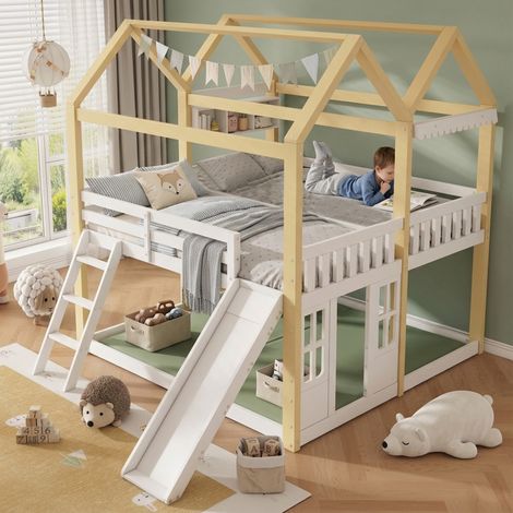 MODFU – Cama alta infantil 90x200 cm de madera blanca/natural con tobogán y escalera intercambiables, cabaña y zona de juegos – EN 747 – Blanco/natural (1/5)