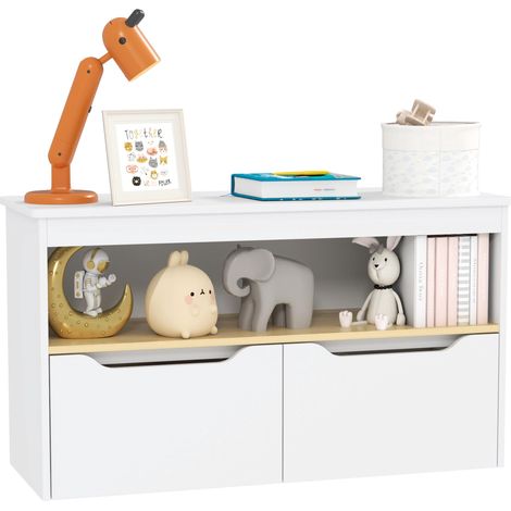 Étagère à jouets pour enfants avec 2 tiroirs et un compartiment pour salon, chambre ou salle de jeux, 80 x 30 x 45 cm, blanche (1/5)
