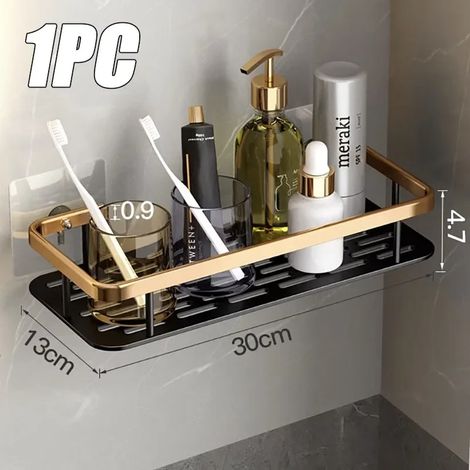(Noir et Or - 1 pièce) Étagères murales en aluminium noir et or perforé, double niveau, gain de place, résistantes à la rouille, pour salle de bain et cuisine. (1/5)