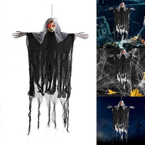 Crâne lumineux suspendu, décoration de vitrine pour une fête d'Halloween. (1/4)