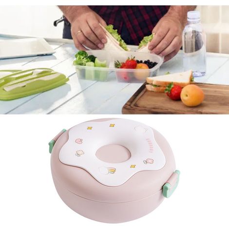 Bol à bento en forme de donut, chauffant, avec couvercle, fourchette et cuillère, en plastique rose, idéal pour le bureau et l'école. (1/5)