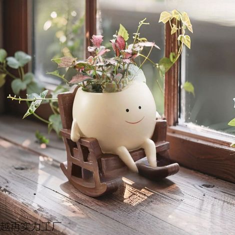 Smiley face shaped flower pot, cute resin flower head pot, suitable for both indoor and outdoor use. Its unique shape makes it perfect for placing on a rocking chair and is ideal for planting succulen (1/5)