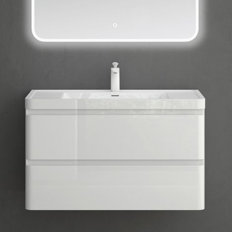 Mai & Mai Meuble de Salle de Bain Suspendu 90x48x55cm avec 2 Tiroirs et Lavabo Meuble Sous Lavabo Blanc Lucca