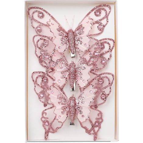 Juego de 3 adornos de mariposa, estructura calada, plástico brillante, para árbol de Navidad, corona, guirnalda. (1/5)