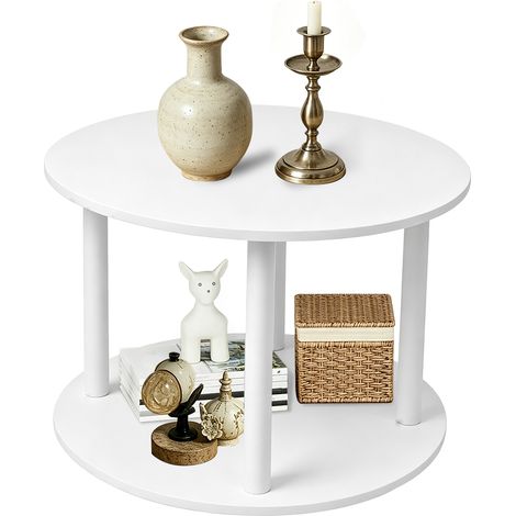 Haloyo® Table Basse Ronde 2 Niveaux Avec des roues, Grande Table Basse Ronde en Bois Massif, Table de Salon Bois, Facile à Monter Industriel, pour Salon, Séjour,Bureau, 60x60x53cm-blanc (1/5)