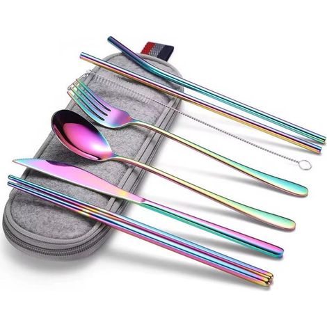 Ensemble de couverts arc-en-ciel de luxe en acier inoxydable – Ensemble de 7 pièces réutilisables comprenant couteau, fourchette, cuillère, baguettes et pailles – Pochette de rangement incluse – Couve (1/3)