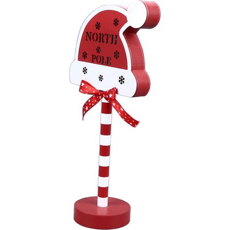 Décoration de Noël « Arrêtez ici » en métal et bois massif avec LED, représentant le Père Noël et un chapeau de sapin délicat (15 x 8,5 x 30,5 cm).