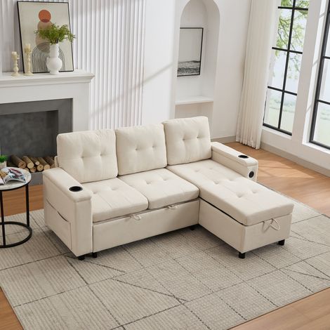 Canapé 3 places convertible 208 x 146 x 89,5 cm, canapé-lit pliant avec rangement dissimulé, canapé d’ambiance avec bande LED, canapé d’angle Treviso, canapé en L, beige (1/5)