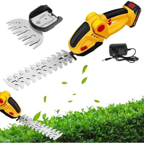 2 en 1 Taille Haie Electrique sans Fil — 24V Cisaille à Gazon sur Batterie Rechargeable avec 2 Lames et Chargeur— Batterie 1500 mAh, Coupe Haie sans Fil pour Arbustes, Jardin, Gazon, Pelouse