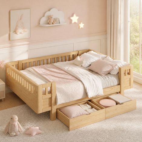 Lit enfant 140 x 200 cm avec garde-corps haut et 2 grands tiroirs, bois, MDF et pin DESVIAE (1/5)