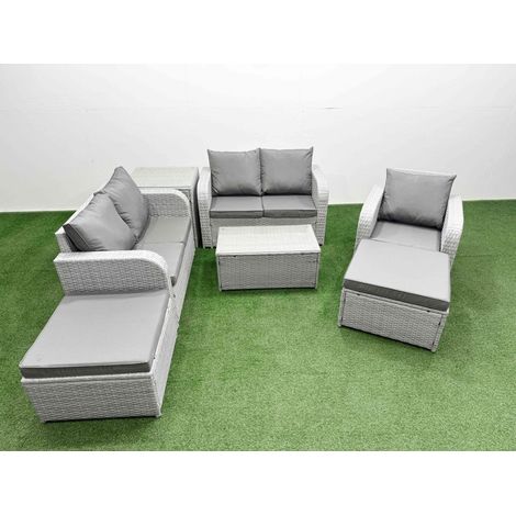 Fimous High Back Poly Rattan Garden Furniture Set with Reclining Chair Loveseat Sofa Rectangular Coffee Table Indoor Outdoor Patio Set 2 Big Stool Side Table Light Grey (1/4)