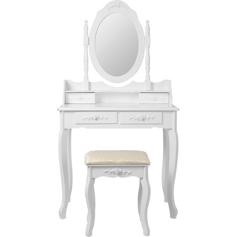 ML-Design Tocador moderno con Espejo Taburete 4 Cajones 75 x 139 x 40 cm Blanco Fabricado en Madera MDF Mesa de Peluquería Cómoda para Retoques de Maquillaje Belleza Gabinete Make Up (1/4)