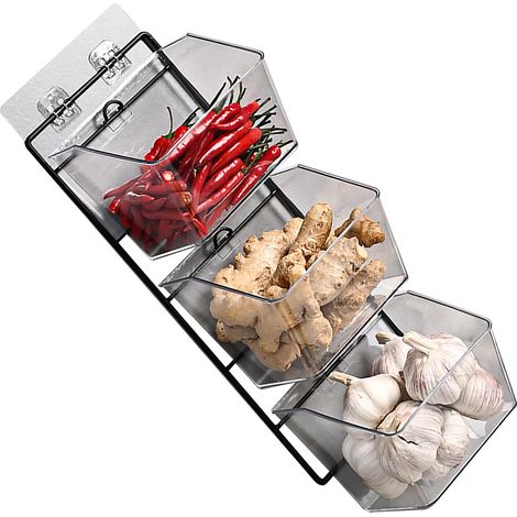 Boîte de rangement murale suspendue pour cuisine 3 compartiments en plastique et métal pour ail gingembre oignon fixation verticale sans trace (1/5)