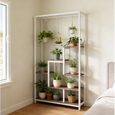 Étagère à plantes 5 niveaux avec 7 étagères et 6 crochets, beige et blanc (1/5)