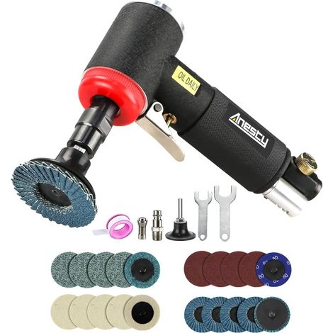 Mini Pneumatic Air Angle Grinder Kit, Including 20 Assorted 2 Inch Abrasive Discs, 2 Mandrels 3mm and 6mm, for Various Polishing and Sanding Work (1/5)